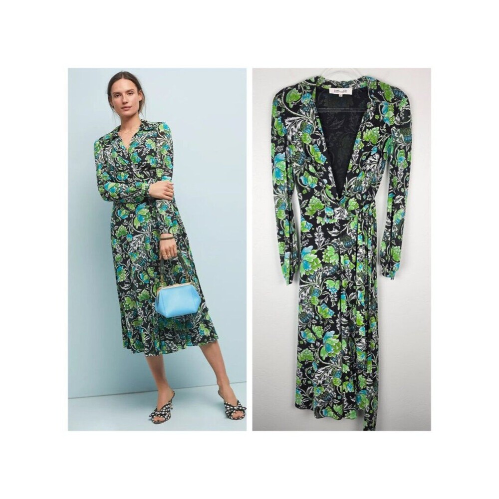 Diane von Furstenberg Phoenix Wrap Midi Dress Long Sleeve Floral Green Size S